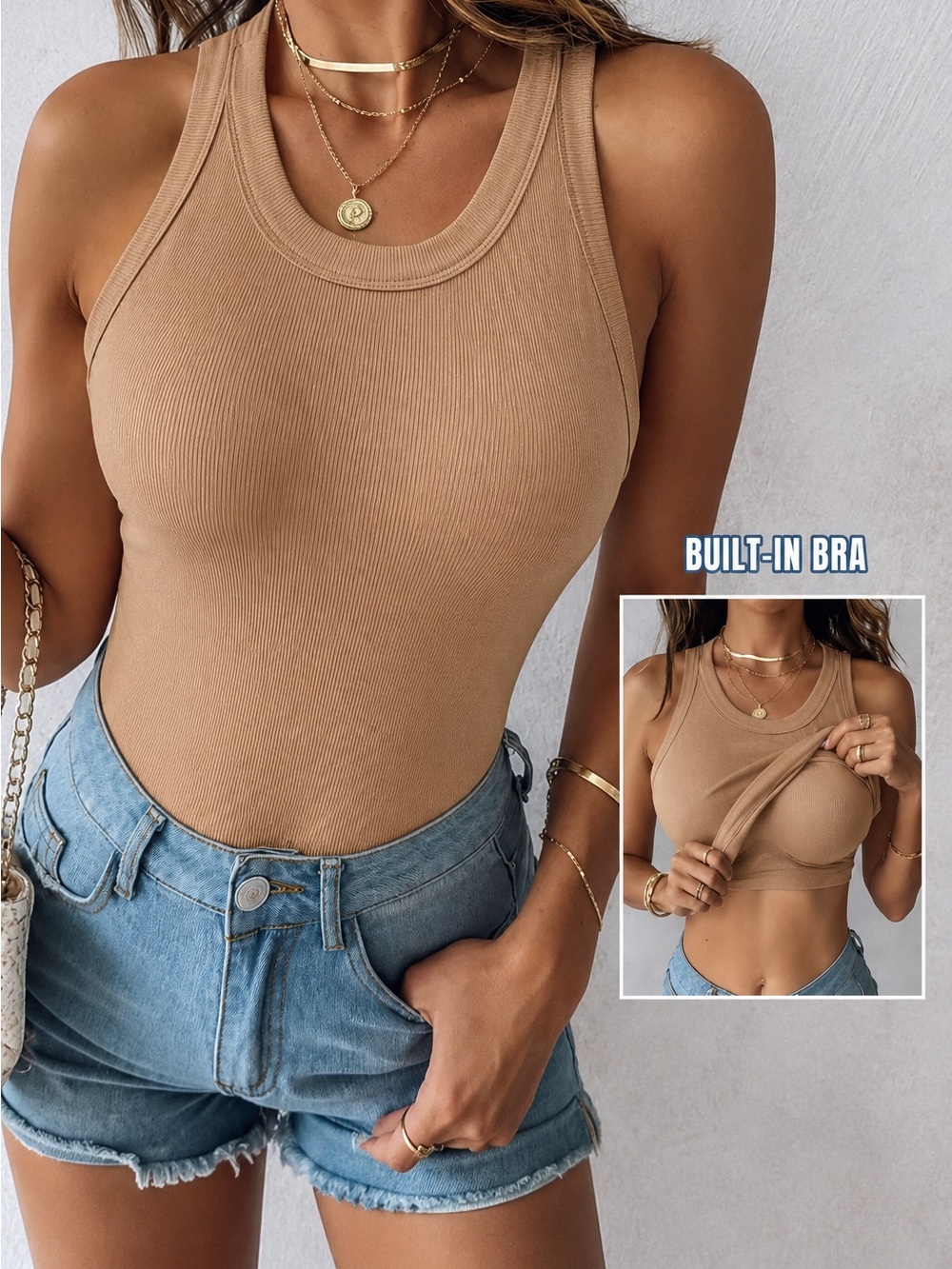 Chic Me Nude Tan Ribbed Racerback Tank Top with Built in Padded Bra Size XL